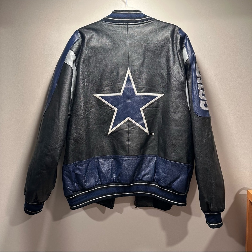 Vintage Carl Banks Dallas Cowboys Black Silver Blue Leather Bomber Jacket XL - Picture 11 of 16